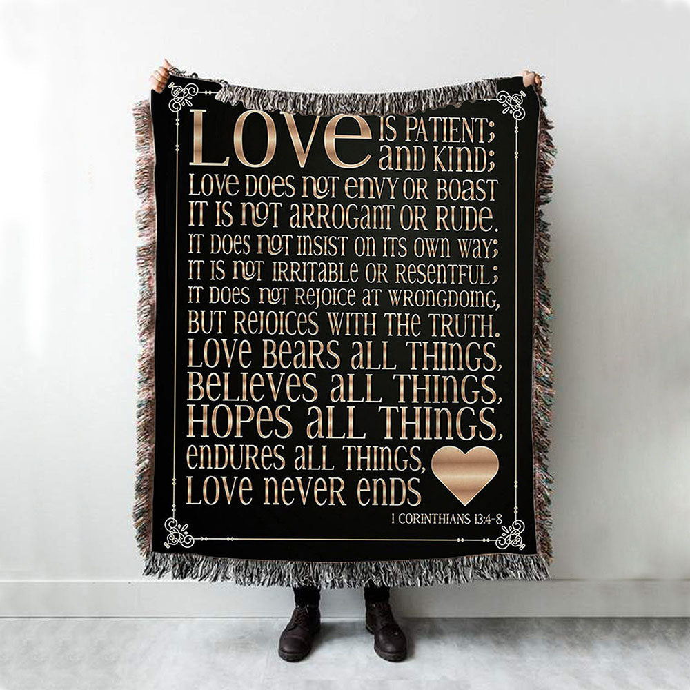 1 Corinthians 13 4 8 Love Is Patient &amp; Kind Woven Boho Blanket - Christian Woven Throw Blanket Decor