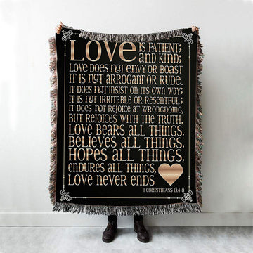 1 Corinthians 13 4 8 Love Is Patient &amp; Kind Woven Boho Blanket - Christian Woven Throw Blanket Decor