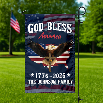 Custom Family Name Patriotic 250th Anniversary God Bless America Eagle 1776–2026 Garden Flag