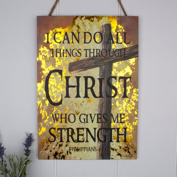 All Things Through Christ Wooden Sign with Rope Hanger
