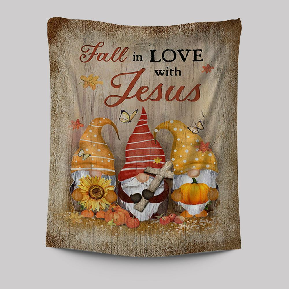 Autumn Gnome Wooden Cross Sunflower Butterfly - Fall In Love With Jesus Tapestry Wall Art - Christian Tapestries Prints