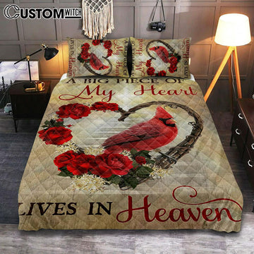 A Big Piece Of My Heart Lives In Heaven Red Rose Cardinal Quilt Bedding Set Bedroom - Christian Bedroom Decor - Religious Quilt Bedding Set Prints