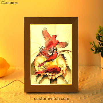 A Cardinal On His Hand Jesus Frame Lamp Art - Christian Night Light - Bible Verse Wooden Lamp