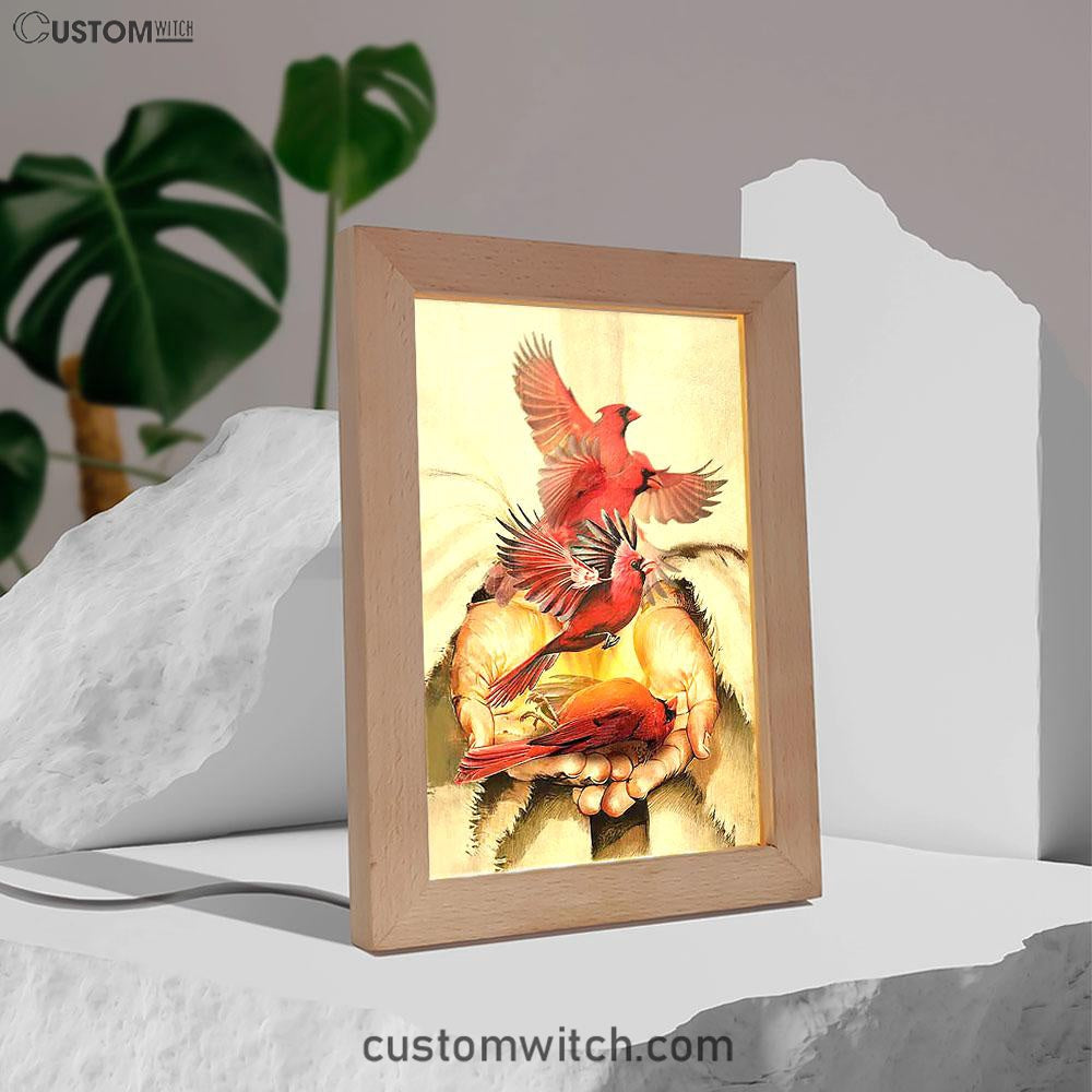 A Cardinal On His Hand Jesus Frame Lamp Art - Christian Night Light - Bible Verse Wooden Lamp