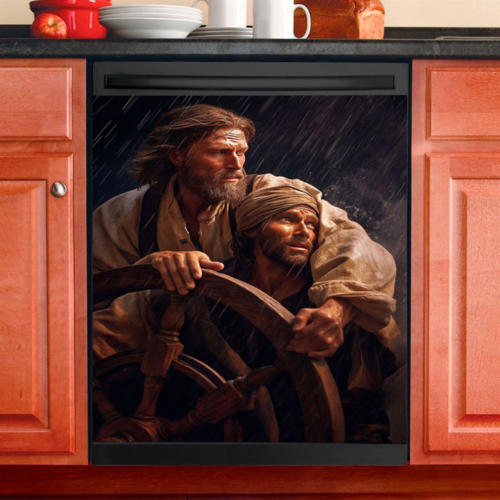 A Portrait Of Jesus Christ Behind A Sailor Dishwasher Cover, Jesus Dishwasher Magnet Cover, Christian Kitchen Decor