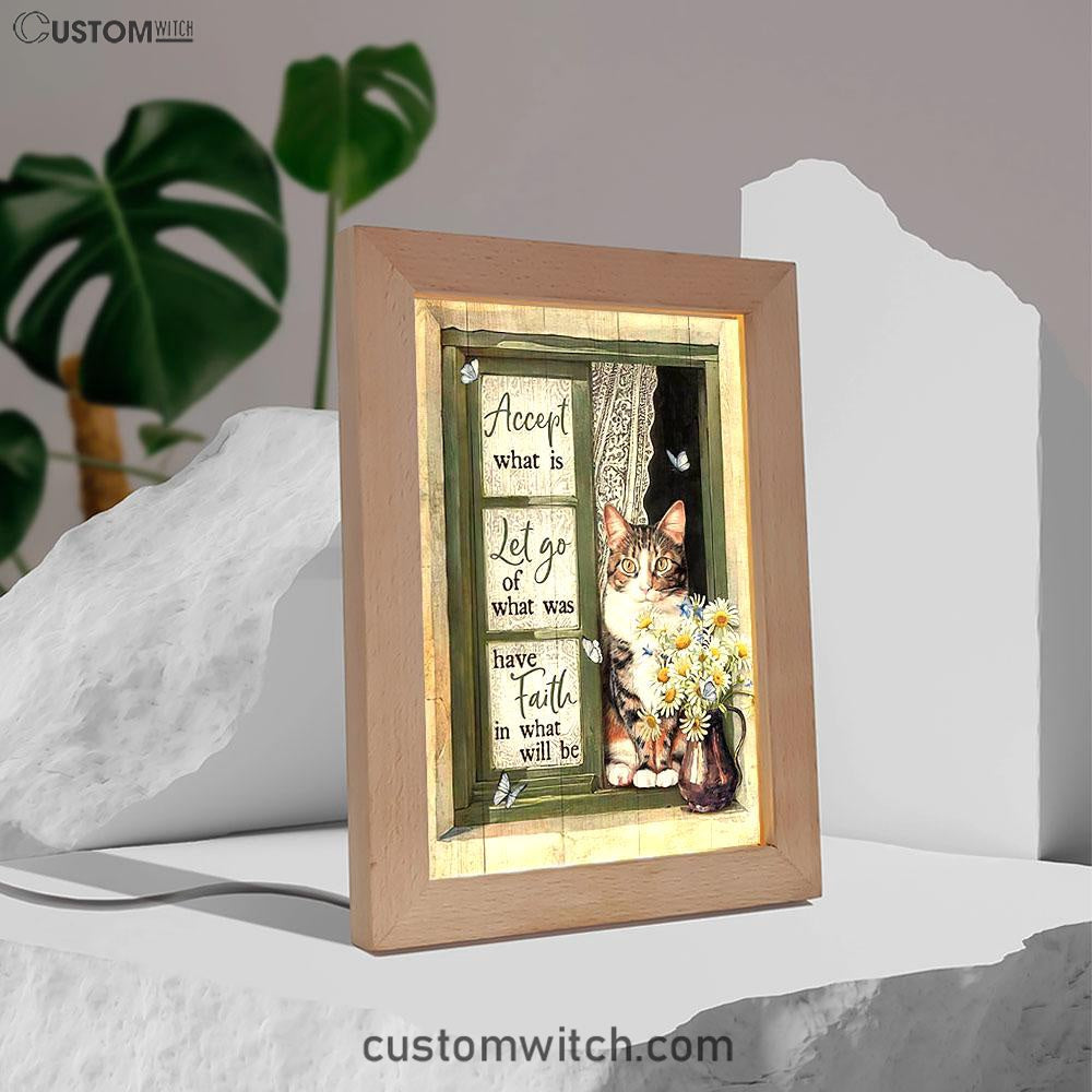 Accept What Is Let Go Frame Lamp - Angry Cat Daisy Vase Green Window Frame Lamp Art - Christian Night Light
