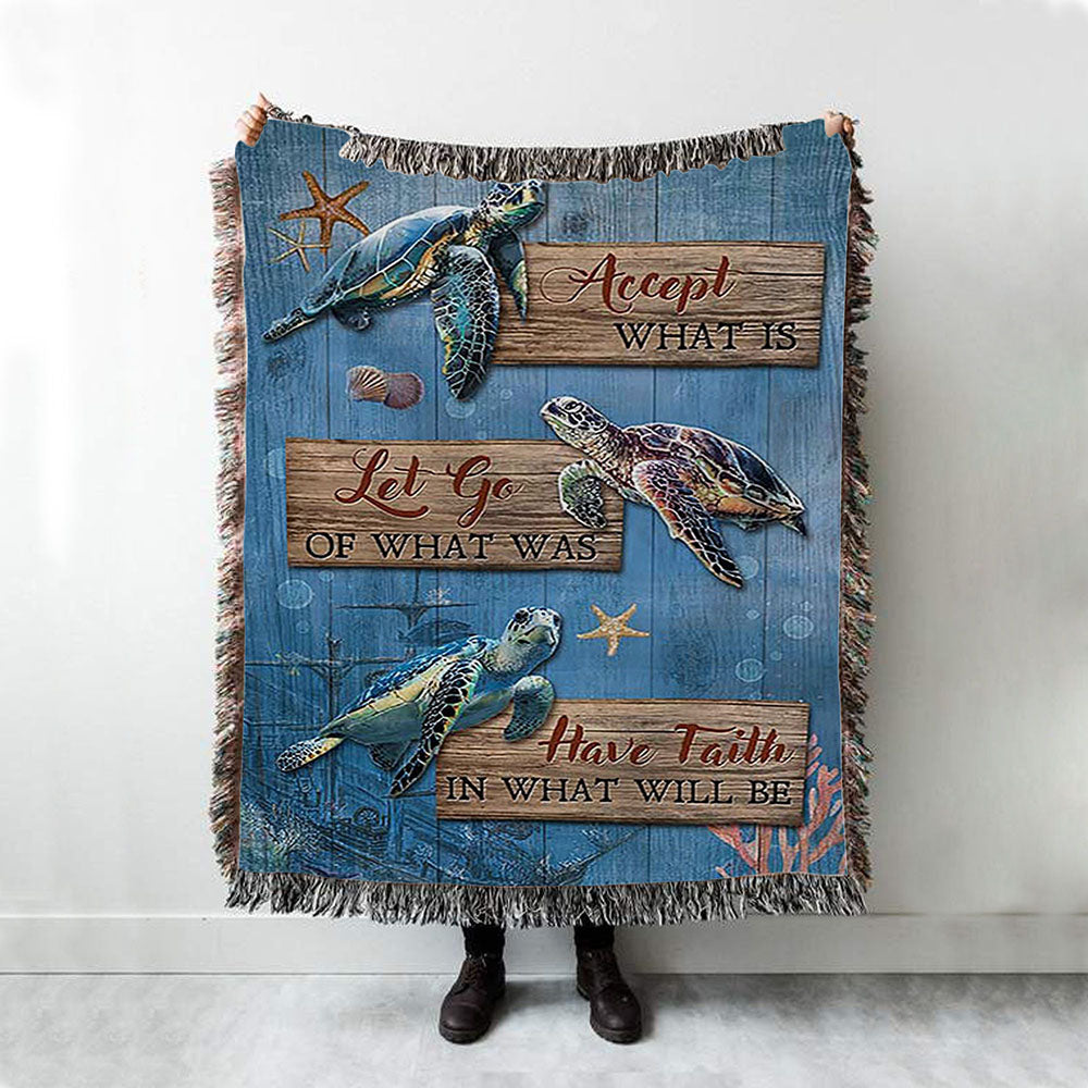 Accept What Is Let Go Sea Turtle Starfish Woven Blanket Art - Bible Verse Throw Blanket - Christian Inspirational Boho Blanket