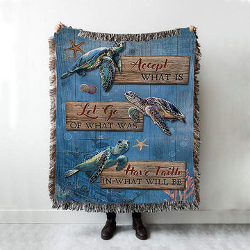 Accept What Is Let Go Sea Turtle Starfish Woven Blanket Art - Bible Verse Throw Blanket - Christian Inspirational Boho Blanket