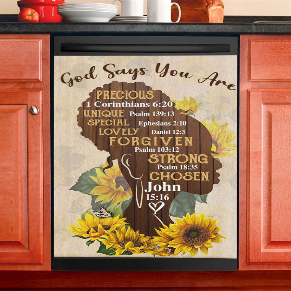 African American God Says You Are Sunflower Dishwasher Cover, Bible Verse Dishwasher Magnet Cover, Scripture Kitchen Decor