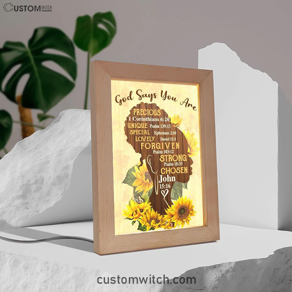 African American God Says You Are Sunflower Frame Lamp Prints - Bible Verse Decor - Scripture Art