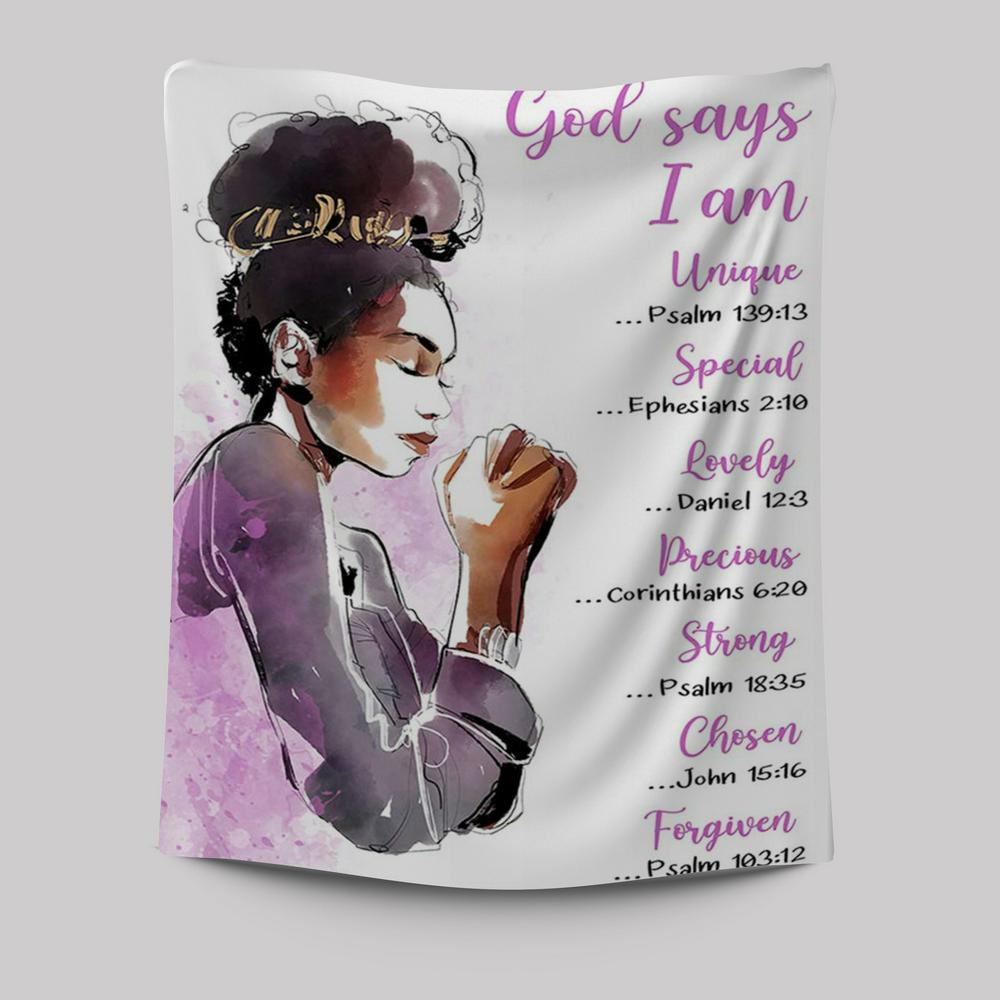 African American Women God Says I Am Tapestry Prints - Motivational Wall Art For Black Girls Teens