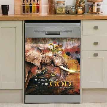 African Elephant Sunflower Be Still And Know That I Am God Dishwasher Cover, Christian Dishwasher Magnet Cover, Bible Verse Kitchen Decor