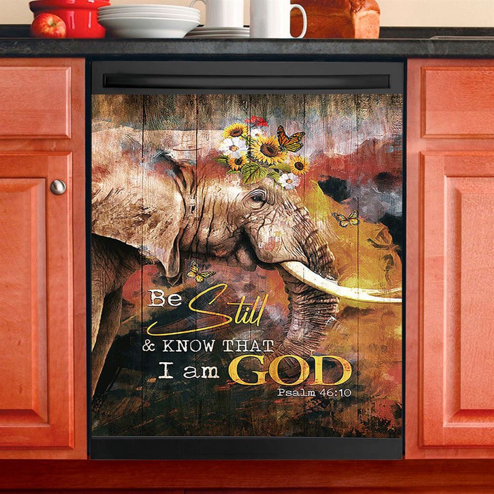 African Elephant Sunflower Be Still And Know That I Am God Dishwasher Cover, Christian Dishwasher Magnet Cover, Bible Verse Kitchen Decor