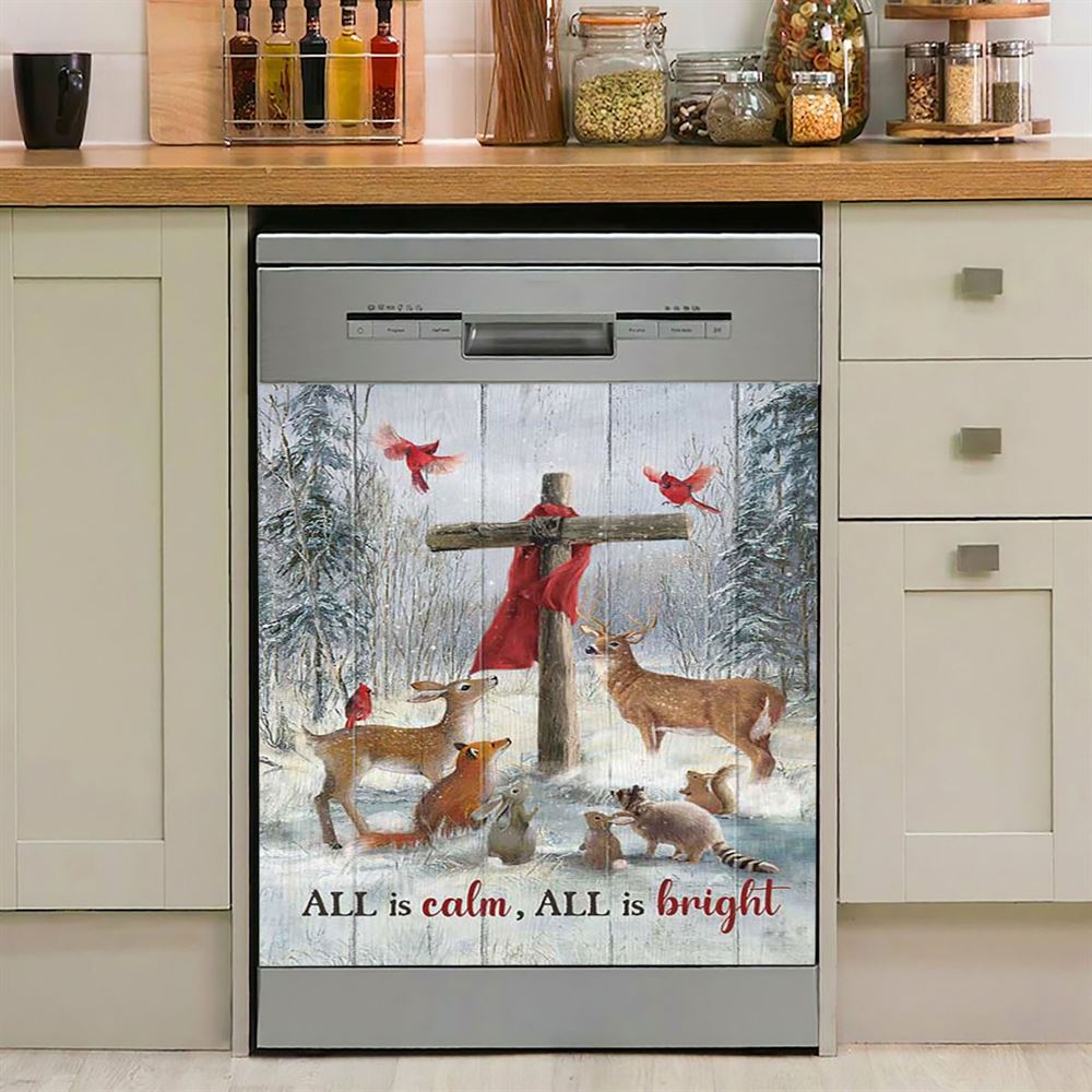 All Is Calm All Is Bright Animal Wooden Cross Dishwasher Cover, Christian Dishwasher Magnet Cover, Bible Verse Kitchen Decor