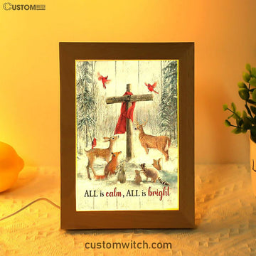 All Is Calm All Is Bright Animal Wooden Cross Frame Lamp Art - Christian Night Light - Bible Verse Wooden Lamp