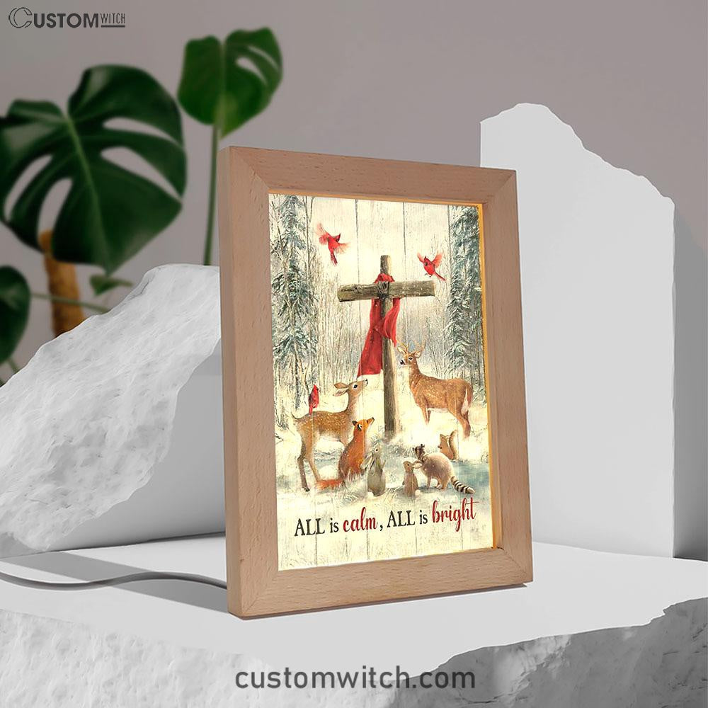 All Is Calm All Is Bright Animal Wooden Cross Frame Lamp Art - Christian Night Light - Bible Verse Wooden Lamp