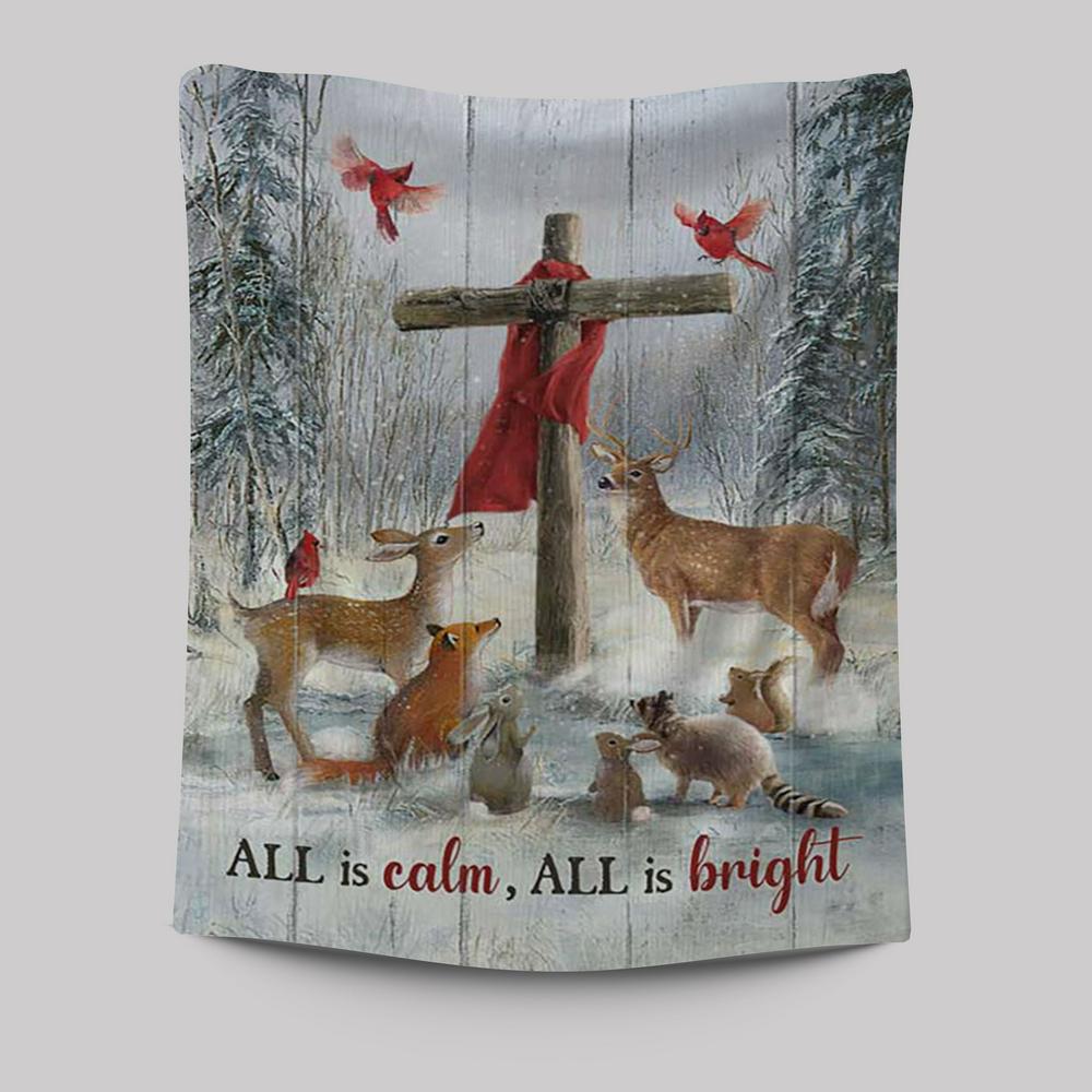 All Is Calm All Is Bright Animal Wooden Cross Tapestry Wall Art - Christian Tapestries Prints - Bible Verse Tapestry Art