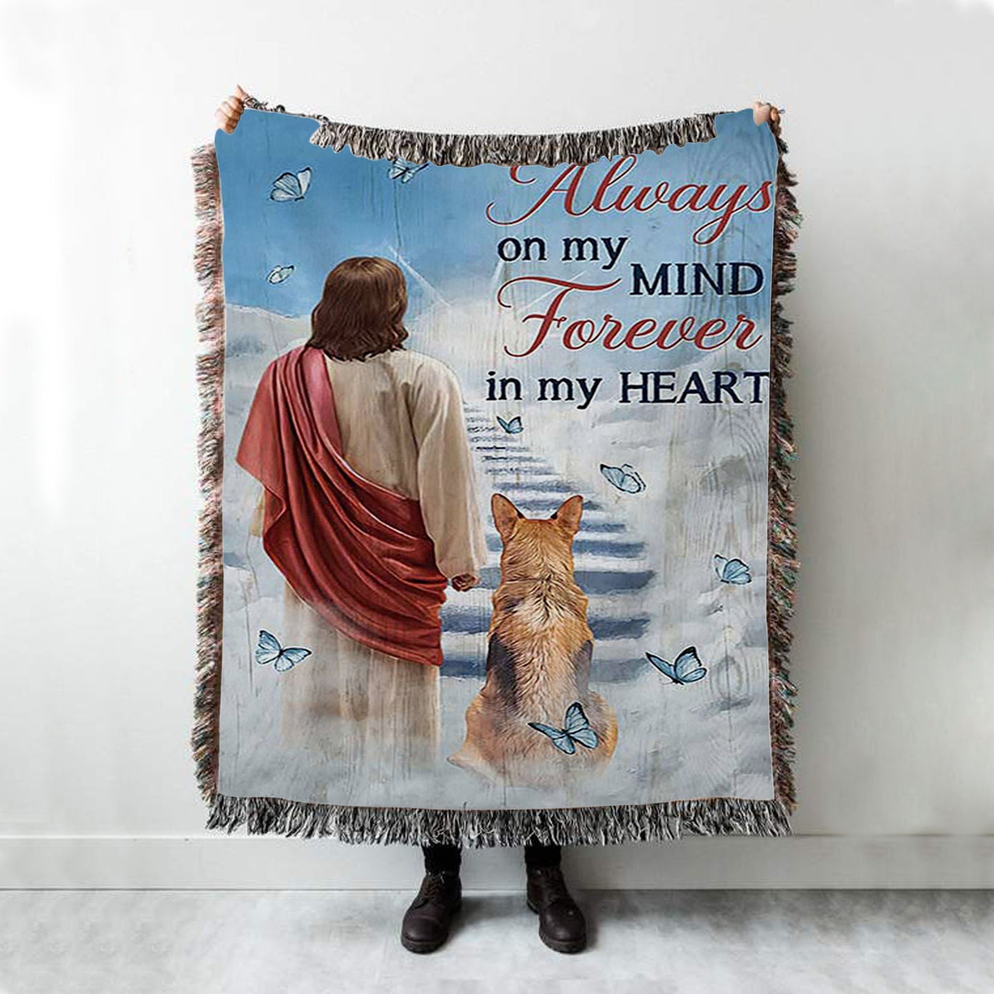 Always On My Mind Woven Blanket - Jesus King German Shepherd Way To Heaven Woven Blanket Art - Bible Verse Throw Blanket - Christian Inspirational Boho Blanket