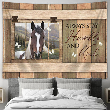 Always Stay Humble And Kind White And Brown Horse Butterfly Tapestry Prints - Religious Tapestry Art - Christian Home Decor