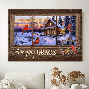 Amazing Grace Canvas Wall Art - Cardinal Birds - Christian Christmas Wall Decor - Christian Wall Decor