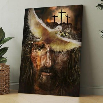 Amazing Dove With Olive Branch, Three Wooden Crosses, Beautiful Jesus Painting Canvas, Christmas Gift for Christian