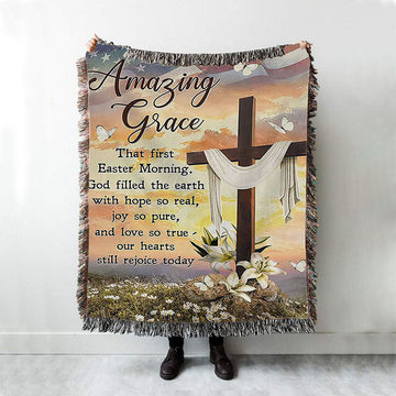 Amazing Grace Beautiful Cross Lily Flower Woven Throw Blanket - Bible Verse Woven Blanket Art - Inspirational Art - Christian Home Decor