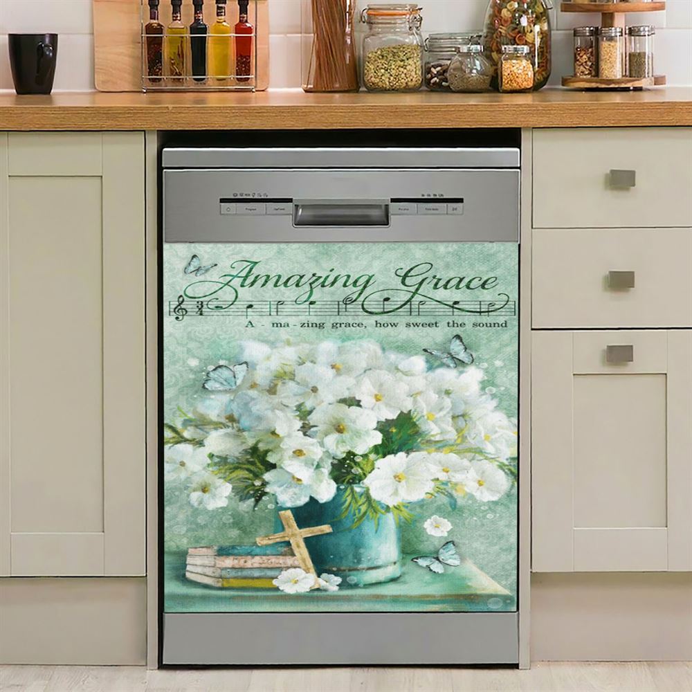 Amazing Grace Flower Cross Book Butterfly Dishwasher Cover, Christian Dishwasher Magnet Cover, Religious Kitchen Decor