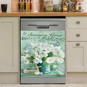 Amazing Grace Flower Cross Book Butterfly Dishwasher Cover, Christian Dishwasher Magnet Cover, Religious Kitchen Decor