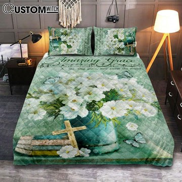 Amazing Grace Flower Cross Book Butterfly Quilt Bedding Set Bedroom - Christian Bedroom Decor - Religious Quilt Bedding Set Prints