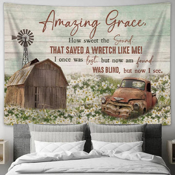 Amazing Grace How Sweet The Sound - Farmhouse Style Tapestry Print - Christian Wall Decor