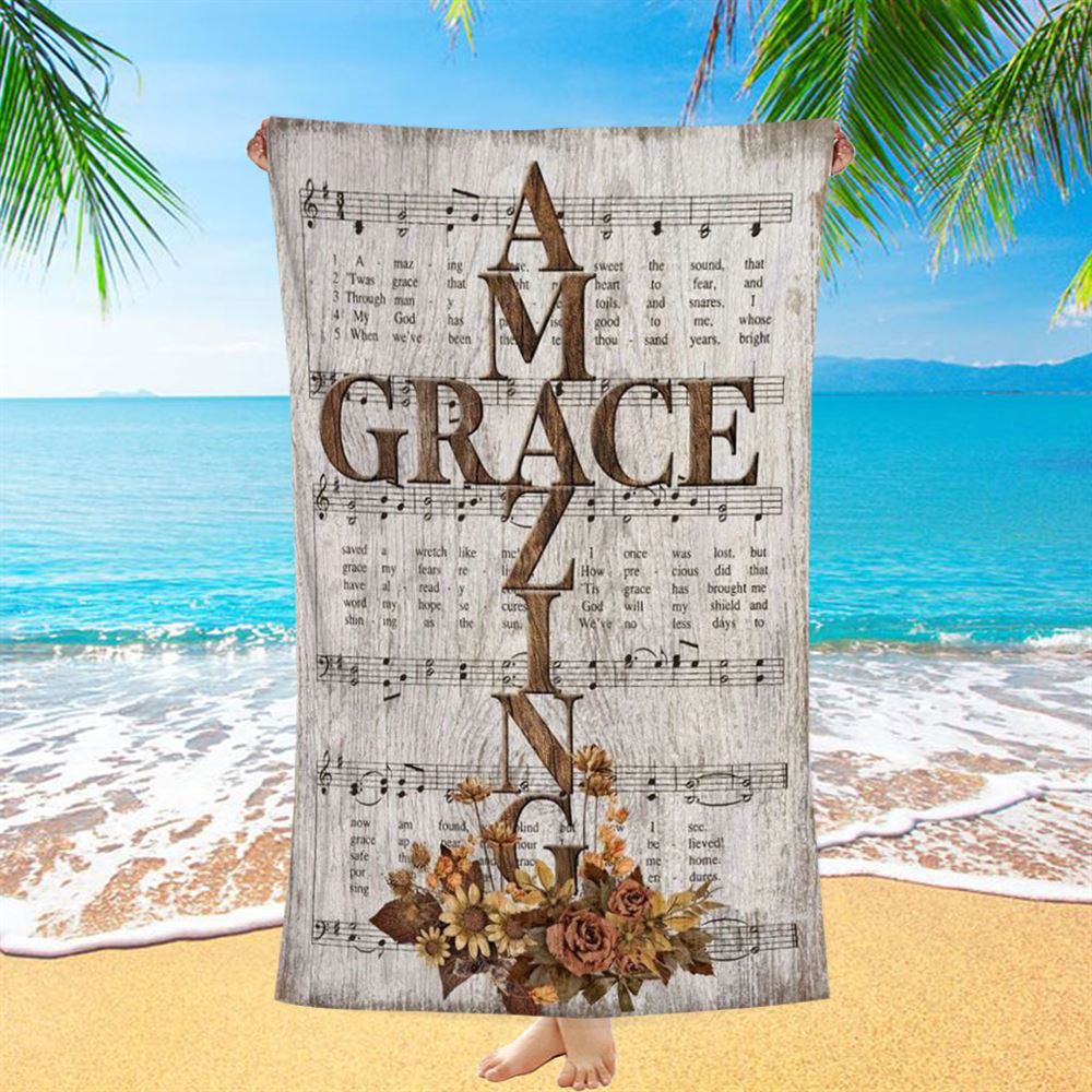 Amazing Grace Song Vintage Flower Jesus Cross Beach Towel, Christian Beach Towel, Christian Gift, Gift For Women