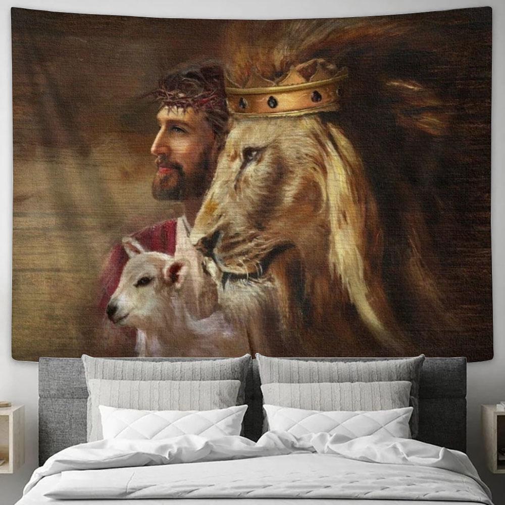 Amazing Jesus Painting Lion Lamb Tapestry, Tapestries for Living Room Bedroom