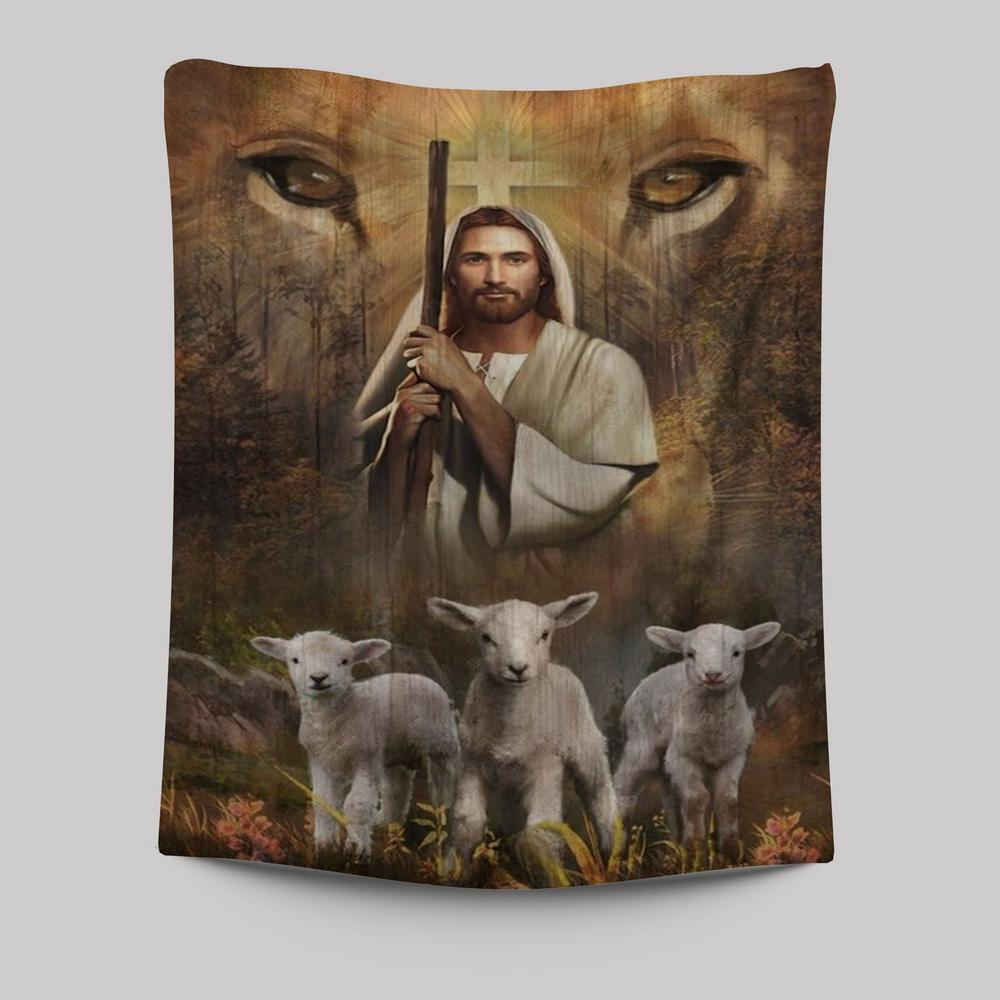 Amazing Jesus Painting White Lamb Lion&#39;s Eyes Walking With Jesus Tapestry