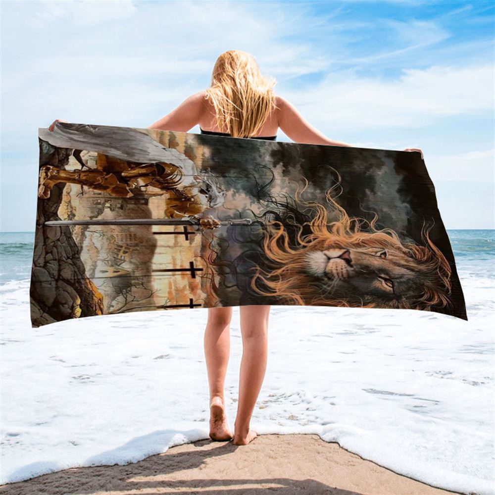 Amazing Lion, Stunning Sky, Warrior Painting, Lion Of Judah Beach Towel, Christian Beach Towel, Christian Gift, Gift For Women