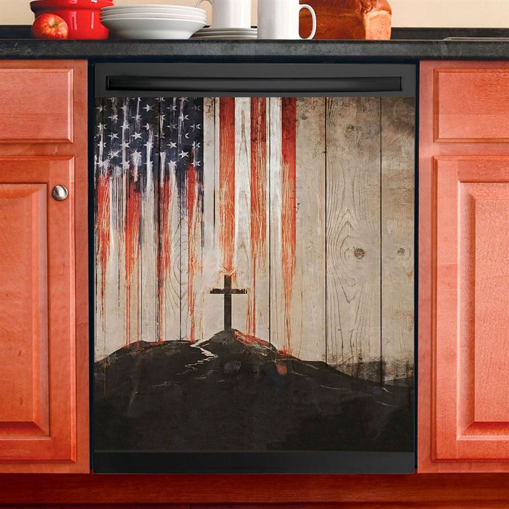 American Flag Cross Dishwasher Cover, Christian Dishwasher Magnet Cover, Religious Kitchen Decor