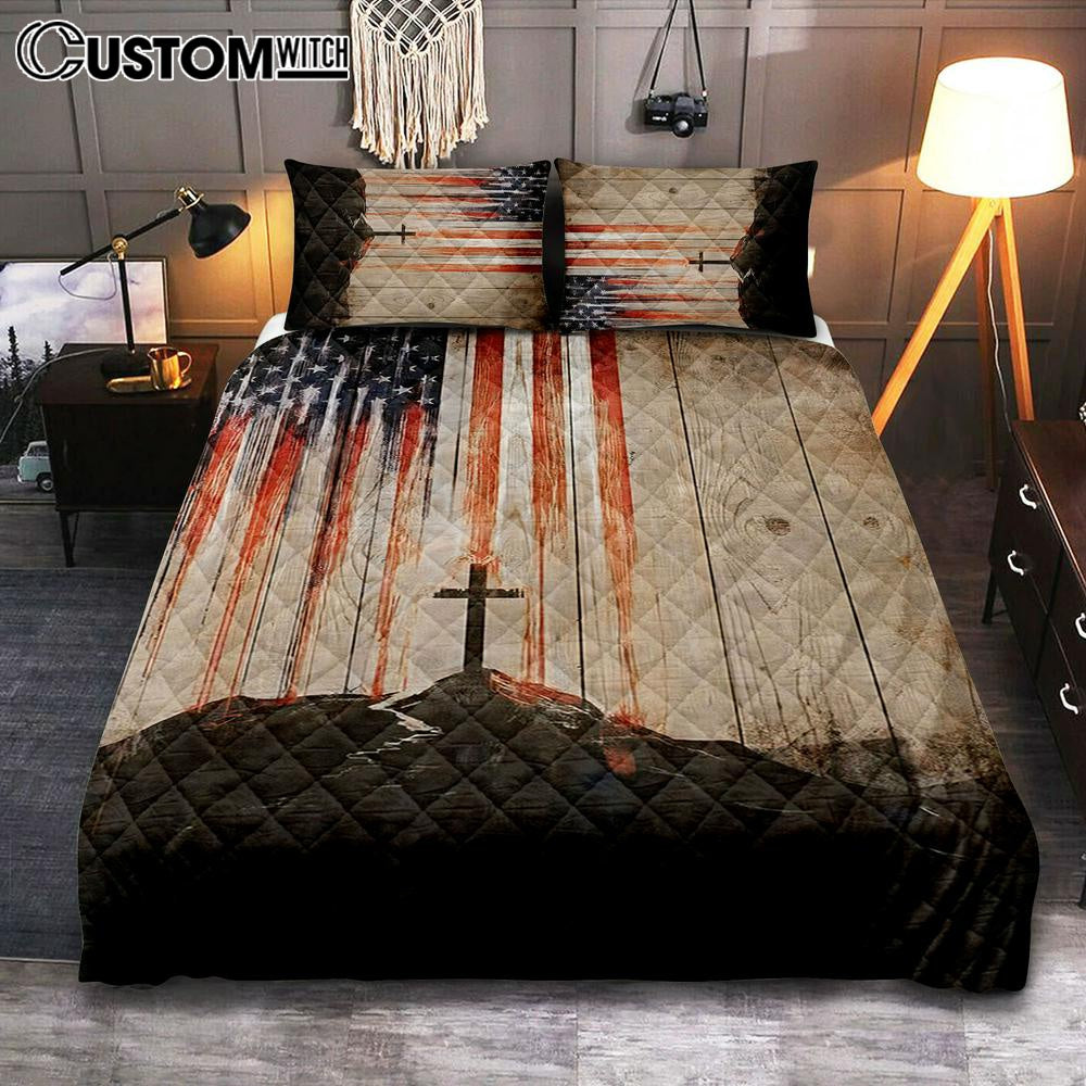 American Flag Cross Quilt Bedding Set Bedroom - Christian Cover Twin Bedding Quilt Bedding Set - Religious Quilt Bedding Set Prints
