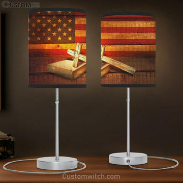 American Flag With Cross Holy Bible Table Lamp Print - Christian Lamp Gift - Christian Bedroom Decor