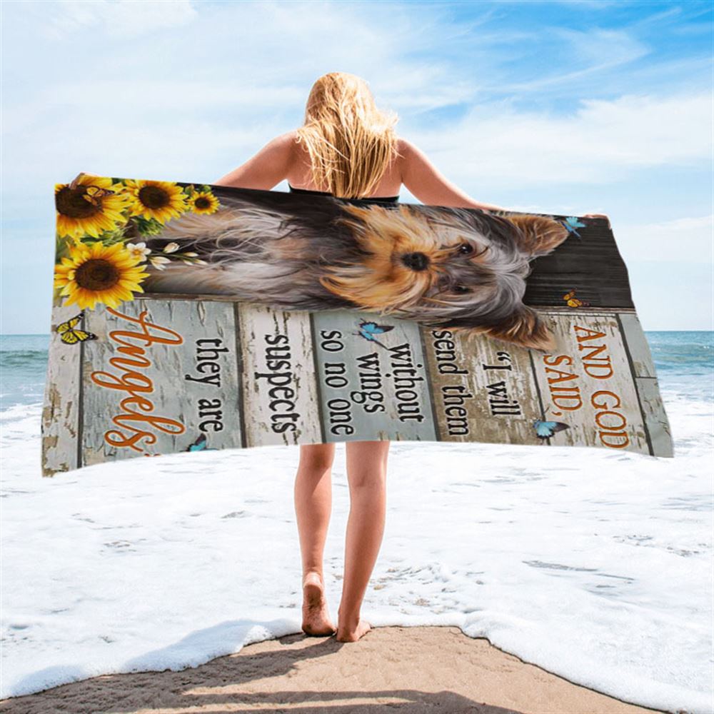 And God Saidy Little Yorkshire Terrier Sunflower Butterfly Beach Towel - Bible Verse Beach Towel - Christian Inspirational Beach Towel