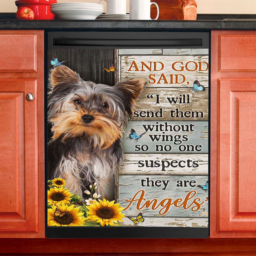 And God Saidy Little Yorkshire Terrier Sunflower Butterfly Dishwasher Cover, Bible Verse Dishwasher Magnet Cover, Christian Kitchen Decor