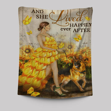 And She Lived Happily Ever After Beautiful Girl German Shepherd Tapestry Wall Art - Christian Wall Art Decor - Religious Tapestries Wall Hanging Prints