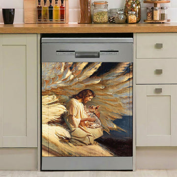 Angel Wings Little Yorkshire Terrier Jesus Painting Dishwasher Cover, Christian Dishwasher Magnet Cover, Bible Verse Kitchen Decor