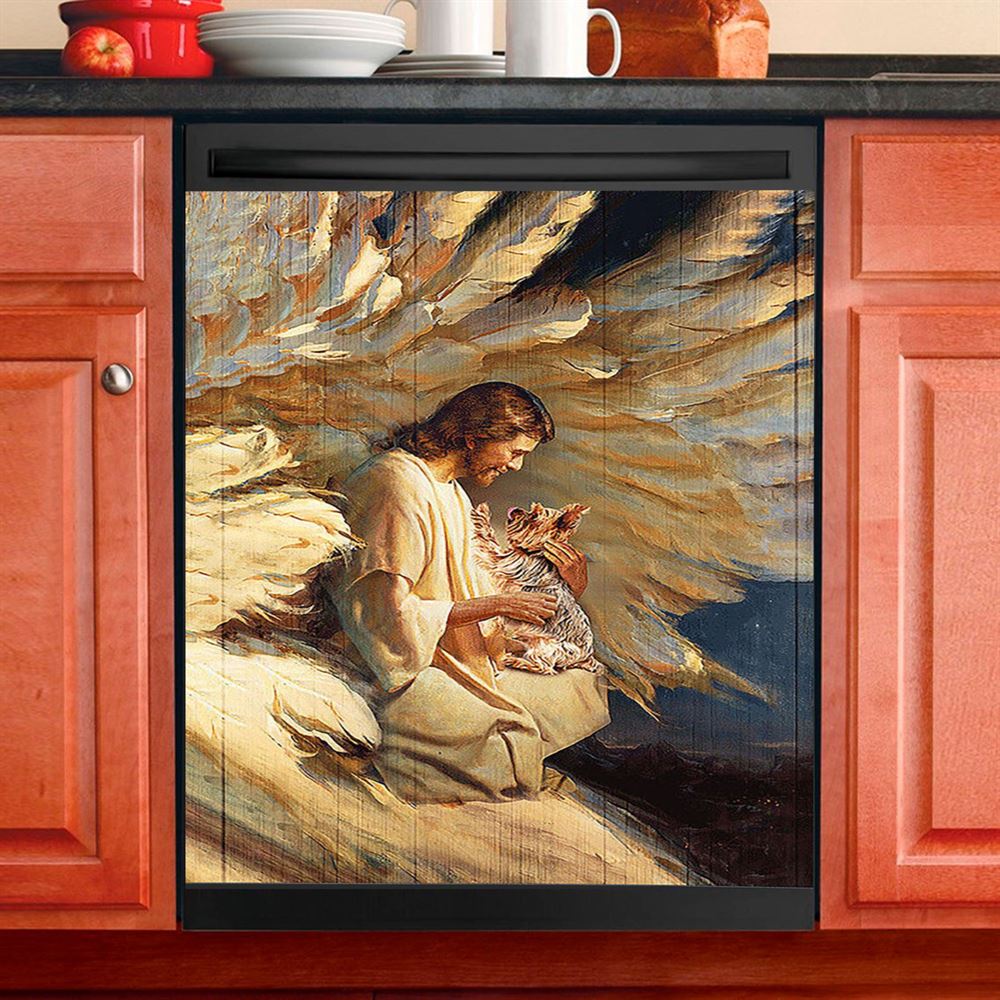 Angel Wings Little Yorkshire Terrier Jesus Painting Dishwasher Cover, Christian Dishwasher Magnet Cover, Bible Verse Kitchen Decor