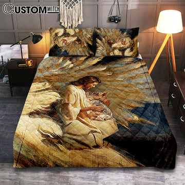 Angel Wings Little Yorkshire Terrier Jesus Painting Quilt Bedding Set Bedroom - Christian Quilt Bedding Set Prints - Bible Verse Quilt Bedding Set Art