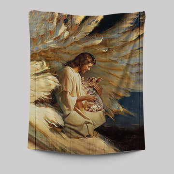 Angel Wings Little Yorkshire Terrier Jesus Painting Tapestry Wall Art - Christian Tapestries Prints - Bible Verse Tapestry Art