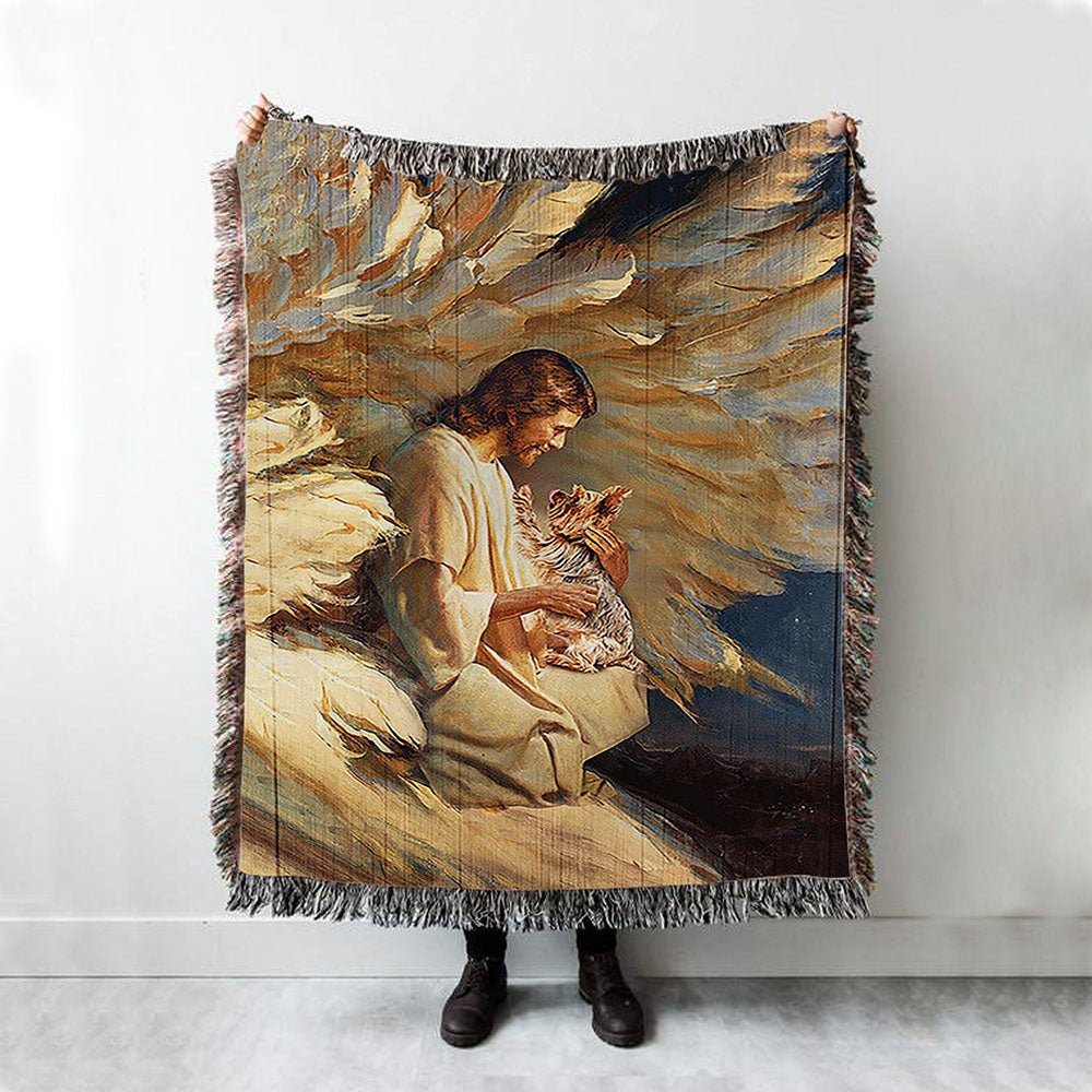 Angel Wings Little Yorkshire Terrier Jesus Painting Woven Throw Blanket - Christian Woven Blanket Prints - Bible Verse Woven Blanket Art