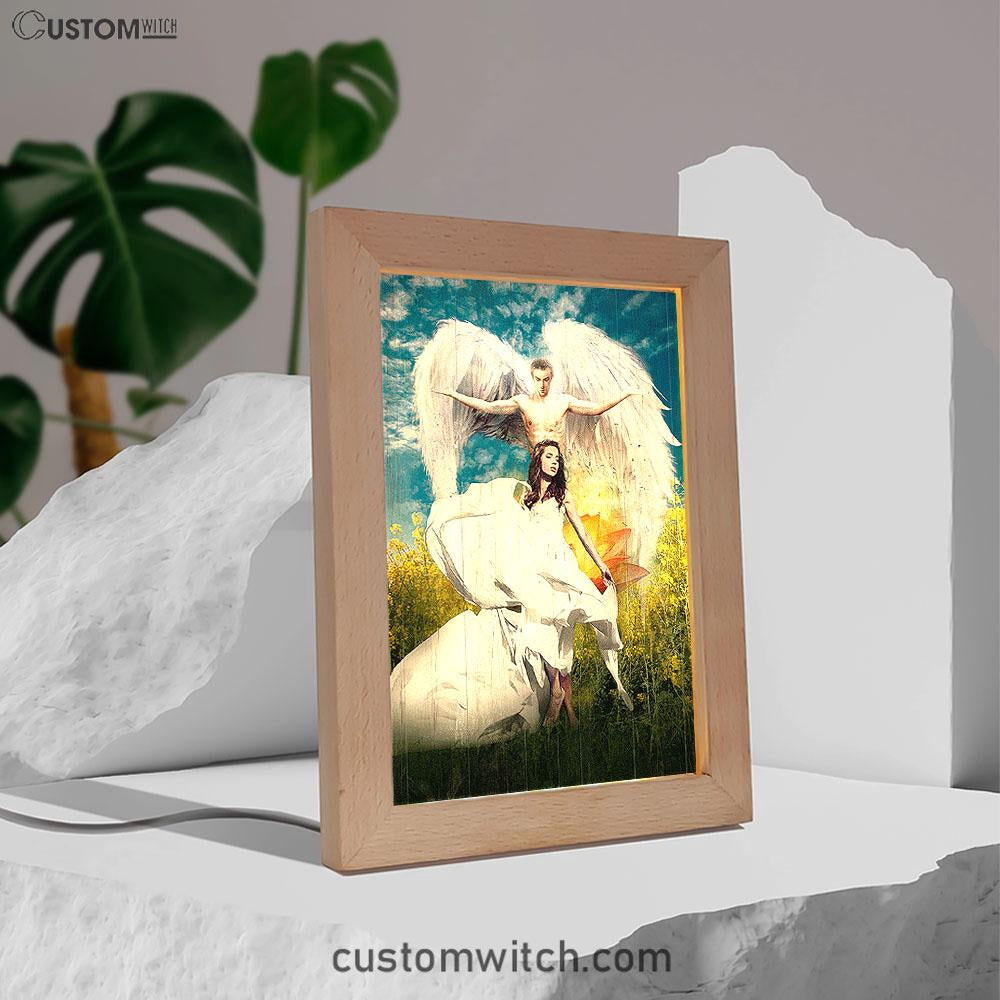 Angel Wings Lotus Flower Jesus Painting Frame Lamp Art - Christian Night Light - Bible Verse Wooden Lamp