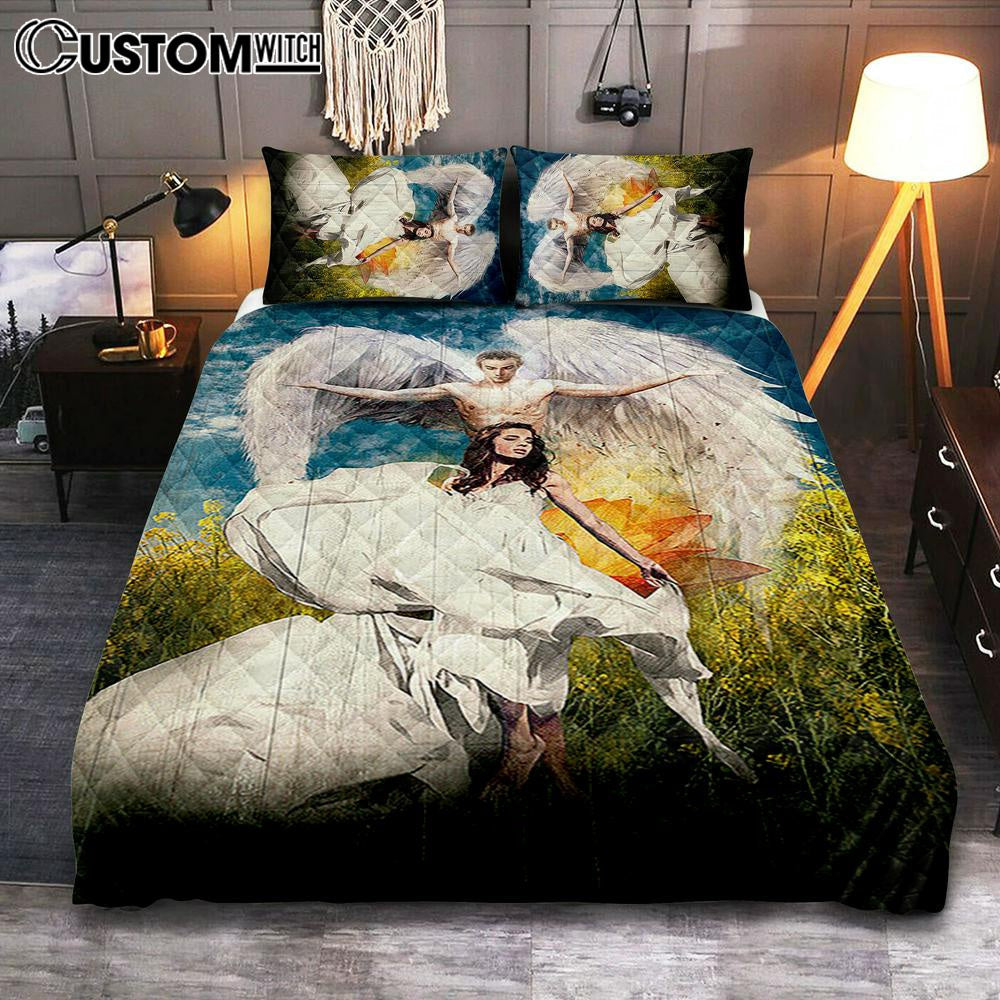 Angel Wings Lotus Flower Jesus Painting Quilt Bedding Set Bedroom - Christian Quilt Bedding Set Prints - Bible Verse Quilt Bedding Set Art