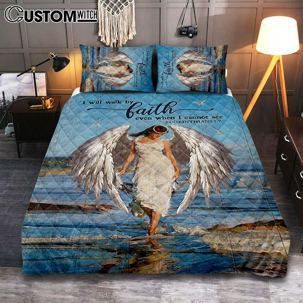 Angel Wings Ocean I Will Walk By Faith Quilt Bedding Set Bedroom - Christian Quilt Bedding Set Prints - Bible Verse Quilt Bedding Set Art