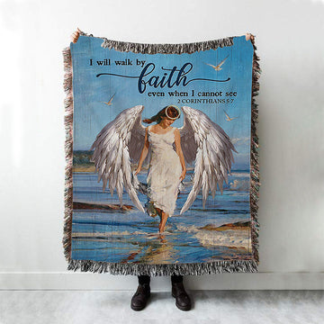 Angel Wings Ocean I Will Walk By Faith Woven Throw Blanket - Christian Woven Blanket Prints - Bible Verse Woven Blanket Art