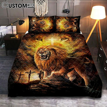 Angry Lion Of Judah Jesus On The Cross Quilt Bedding Set Bedroom - Christian Quilt Bedding Set Prints - Bible Verse Quilt Bedding Set Art
